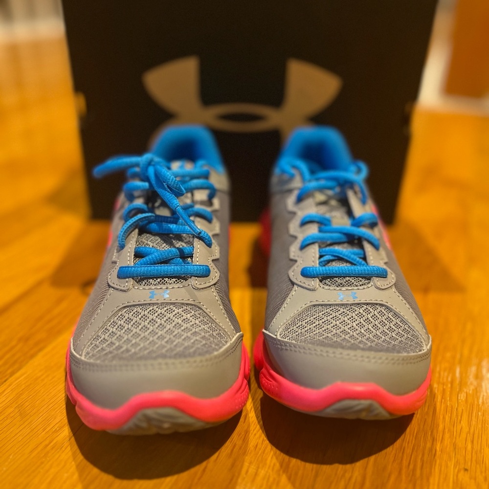 Grey blue and pink Under Armour sneakers for big girls